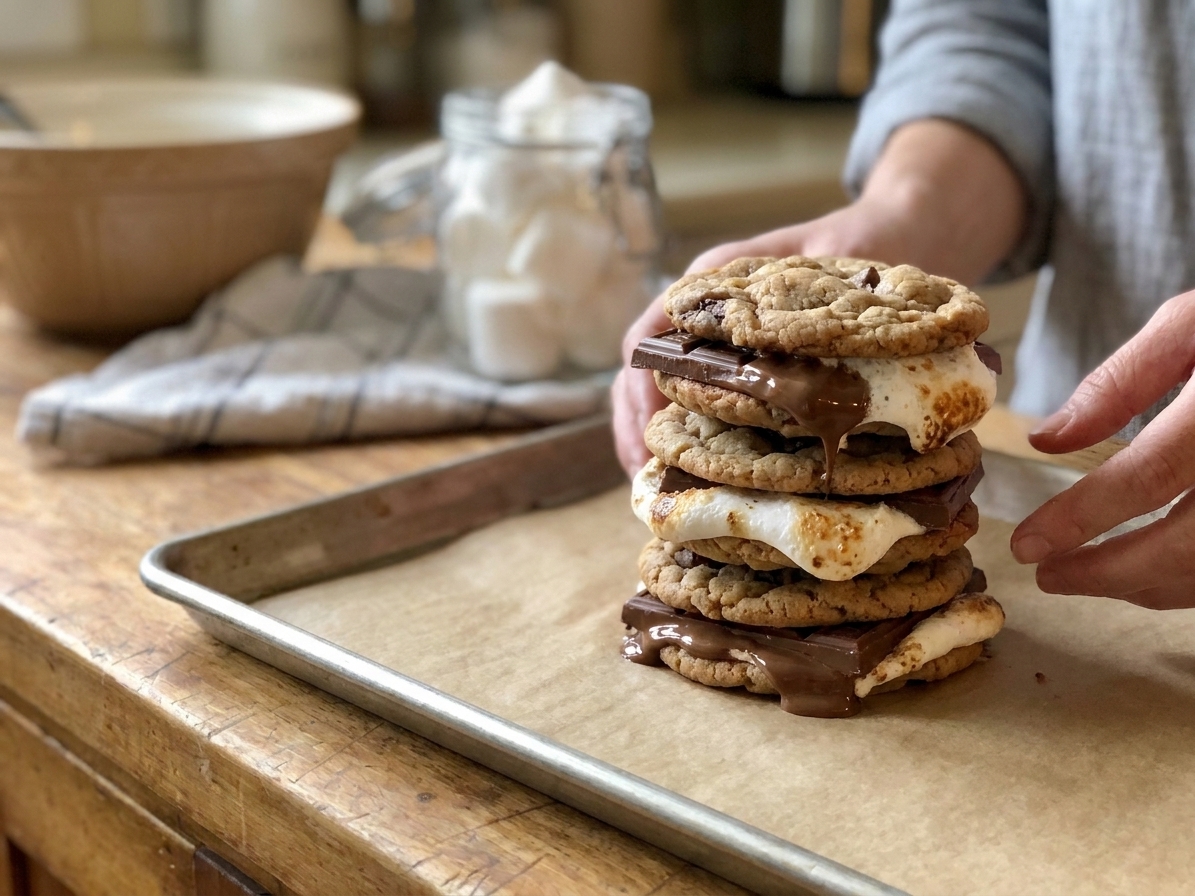 A stack of cookie s’mores on a parchment-lined baking sheet with melted chocolate and toasted marshmallow stretching slightly