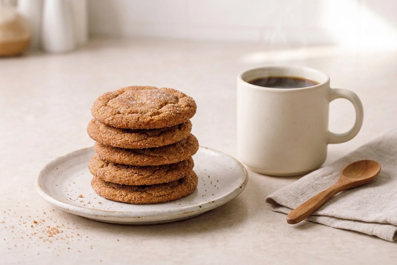A stack of copper toned cinnamon sugar cookies on a ceramic plate with a mug of coffee on a simple kitchen table