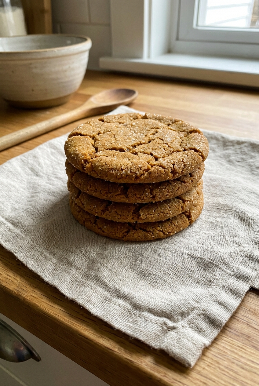 A stack of crisp gingersnap cookies on a linen napkin