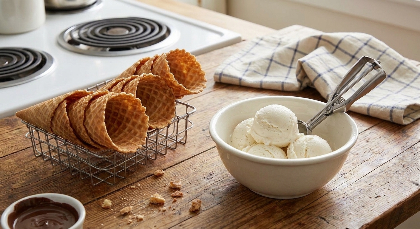 A stack of crisp homemade waffle cones on a kitchen counter with a few scoops of vanilla ice cream<!-- inpage-recommendation:25044 --> nearby
