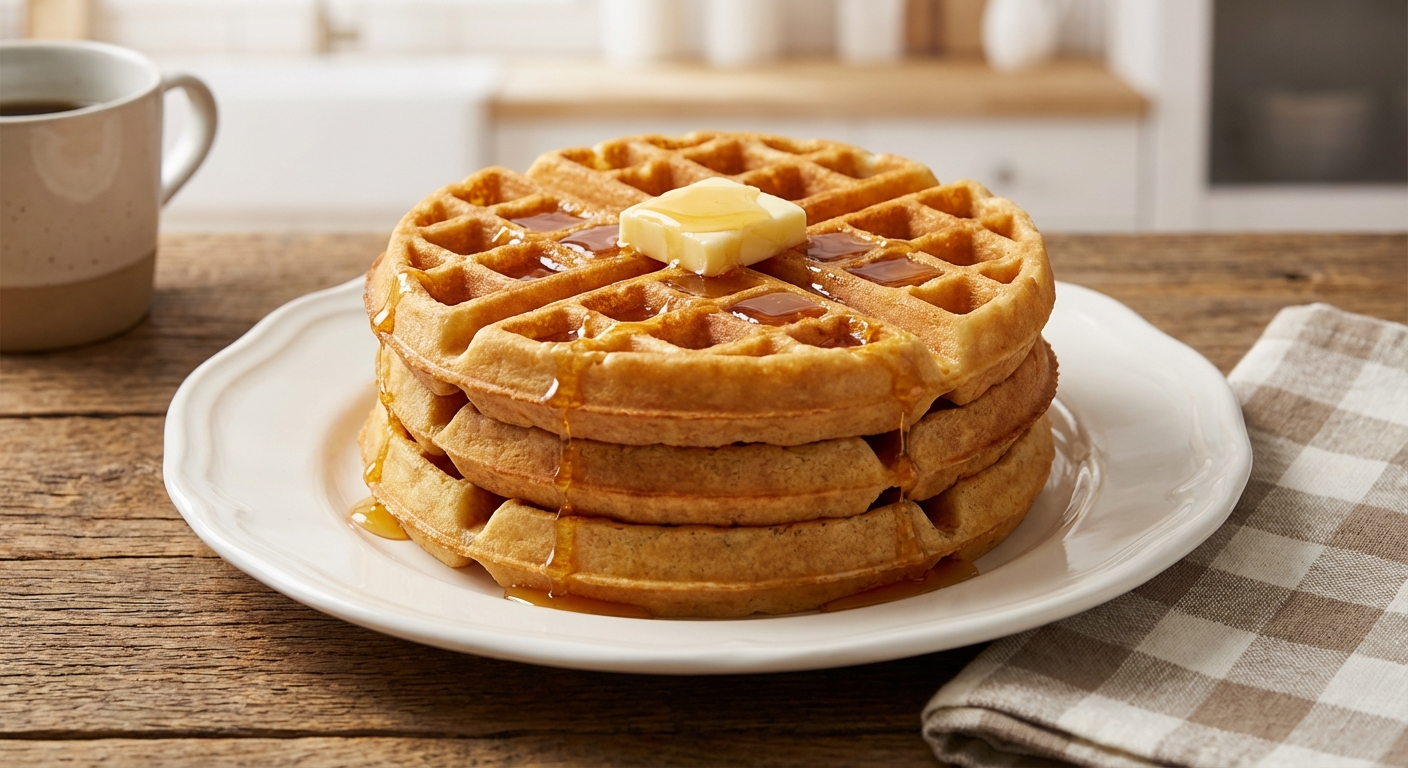 A stack of crisp waffles with a pat of butter and a drizzle of honey