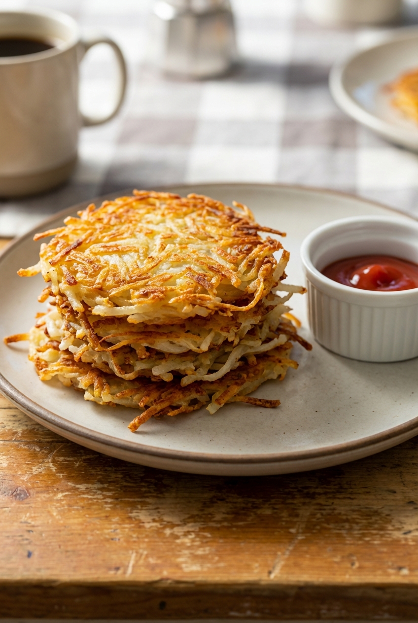 A stack of crispy hash browns on a plate with a small dish of ketchup