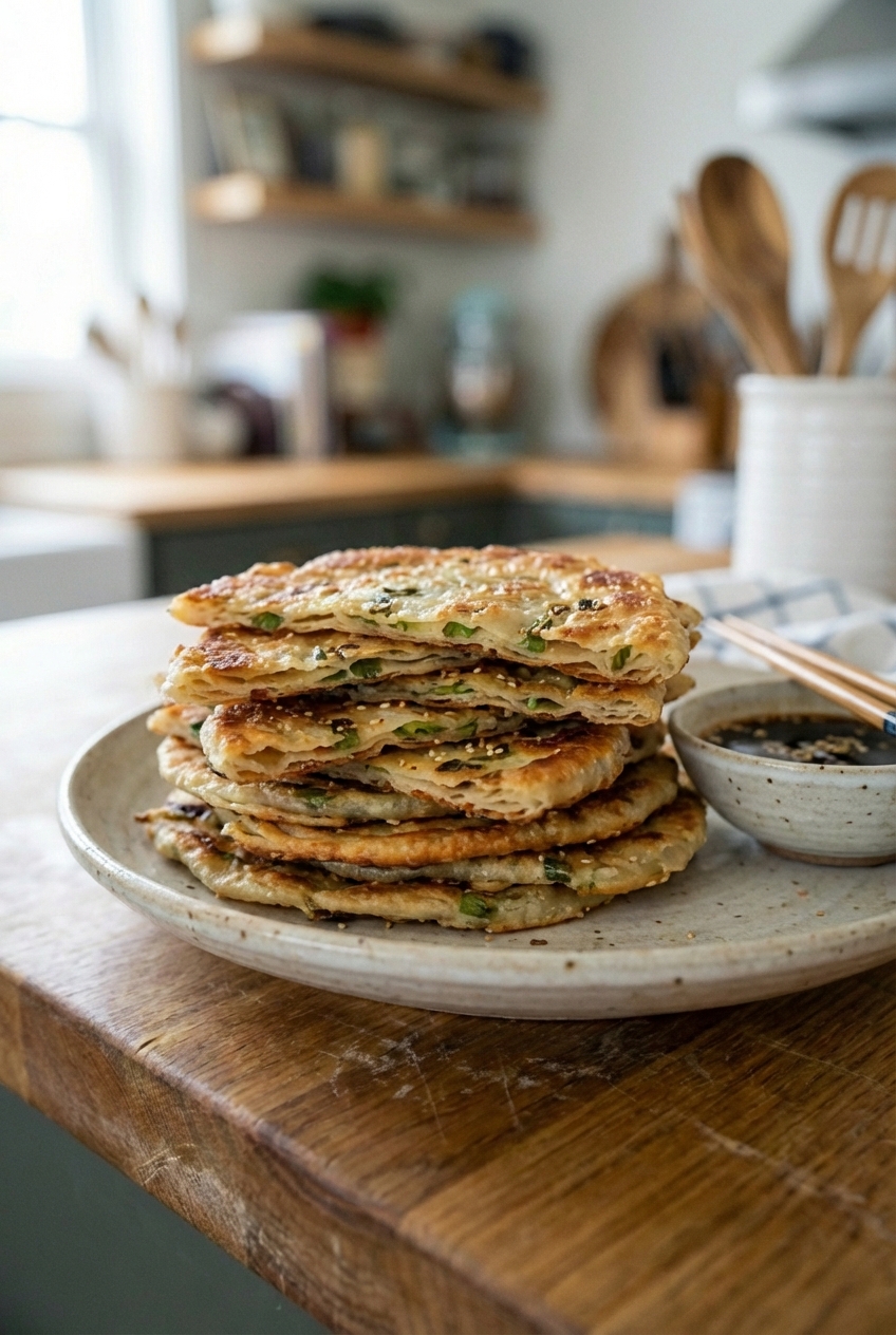 A stack of crispy scallion pancakes on a plate
