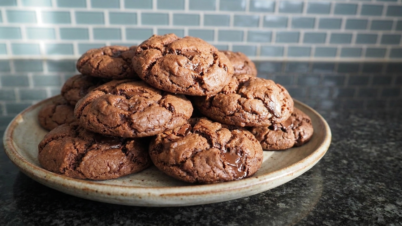 A stack of double chocolate chip biscuits on a rustic plate with melted chocolate chips and a flaky crumb, set on a cozy kitchen table with soft morning light