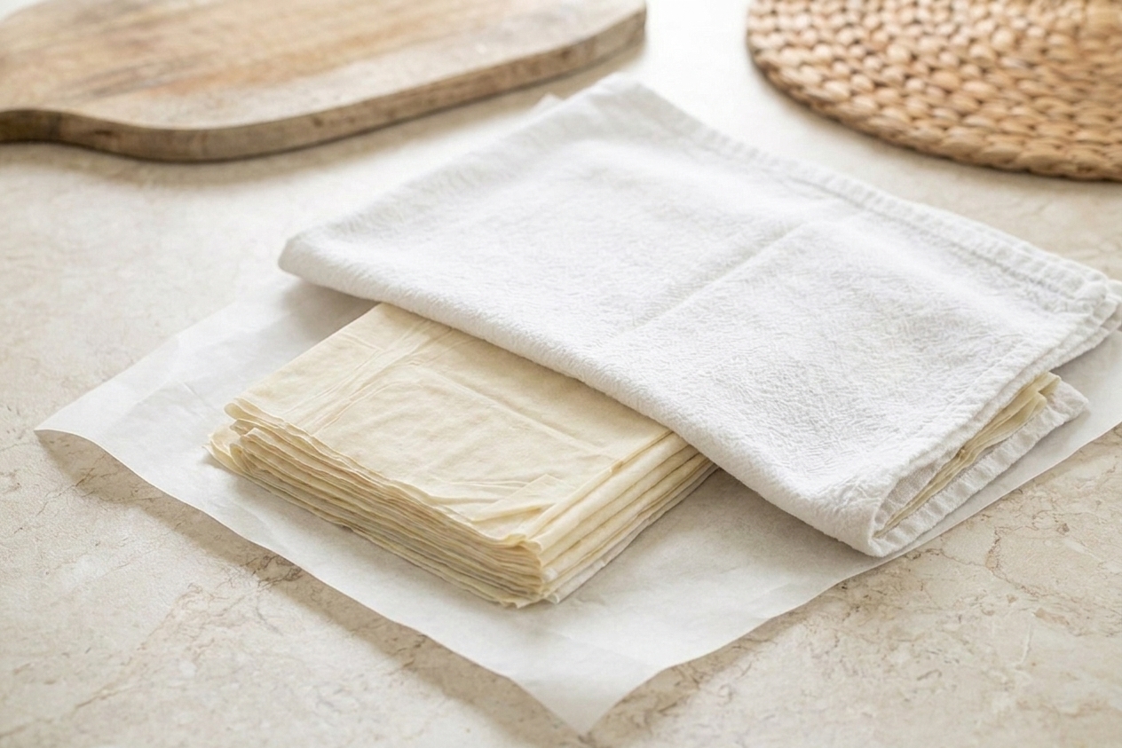 A stack of filo dough sheets on parchment paper with a clean towel laid over the top to keep the sheets from drying out