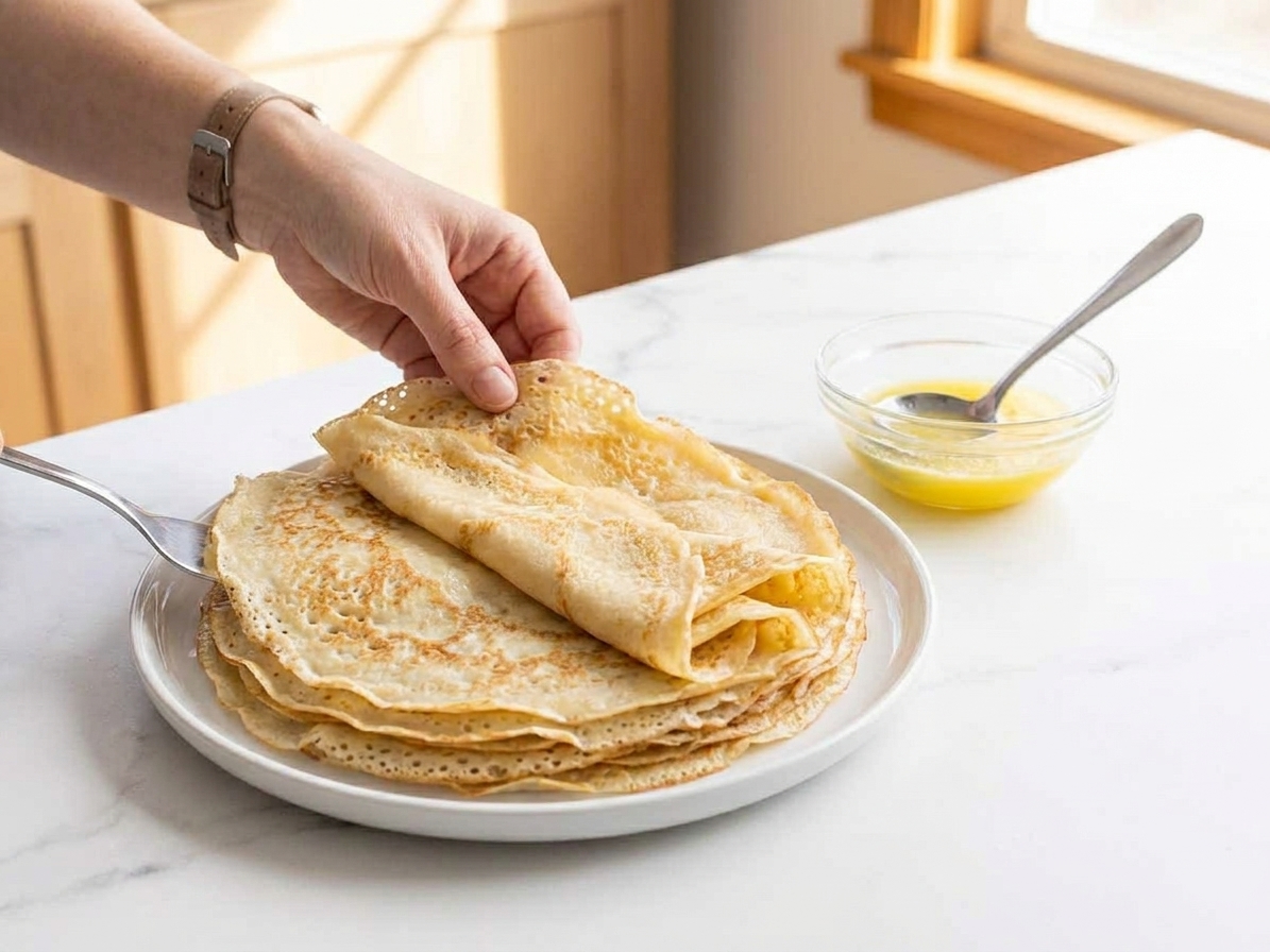 A stack of finished crepes on a plate on a kitchen counter with a small bowl of melted butter and a ladle nearby