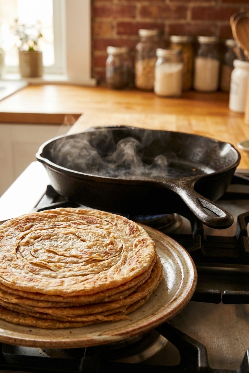A stack of flaky layered whole wheat parathas on a plate beside a hot cast iron skillet, warm kitchen lighting, real food photography