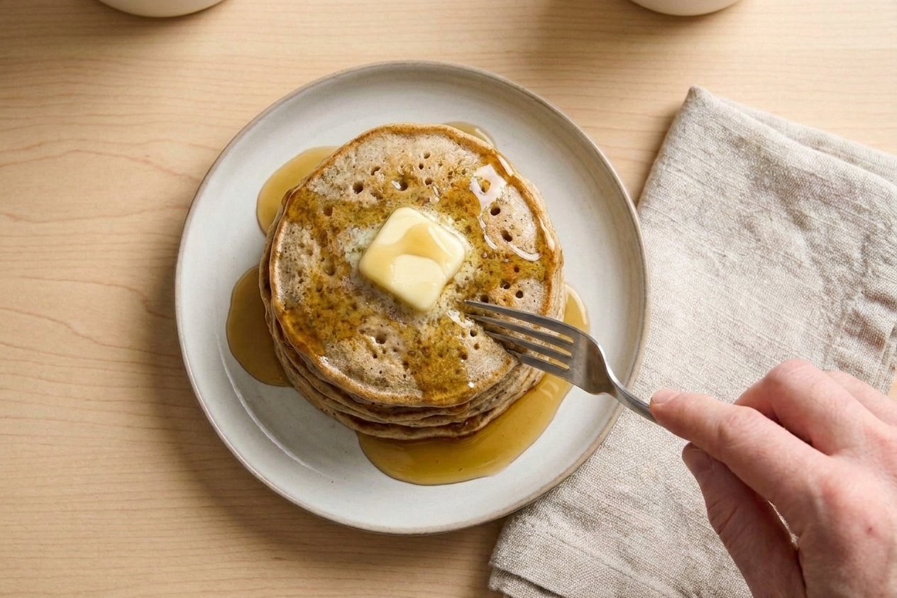 A stack of fluffy buckwheat pancakes on a ceramic plate with a pat of butter and maple syrup, set on a bright kitchen table with soft morning light