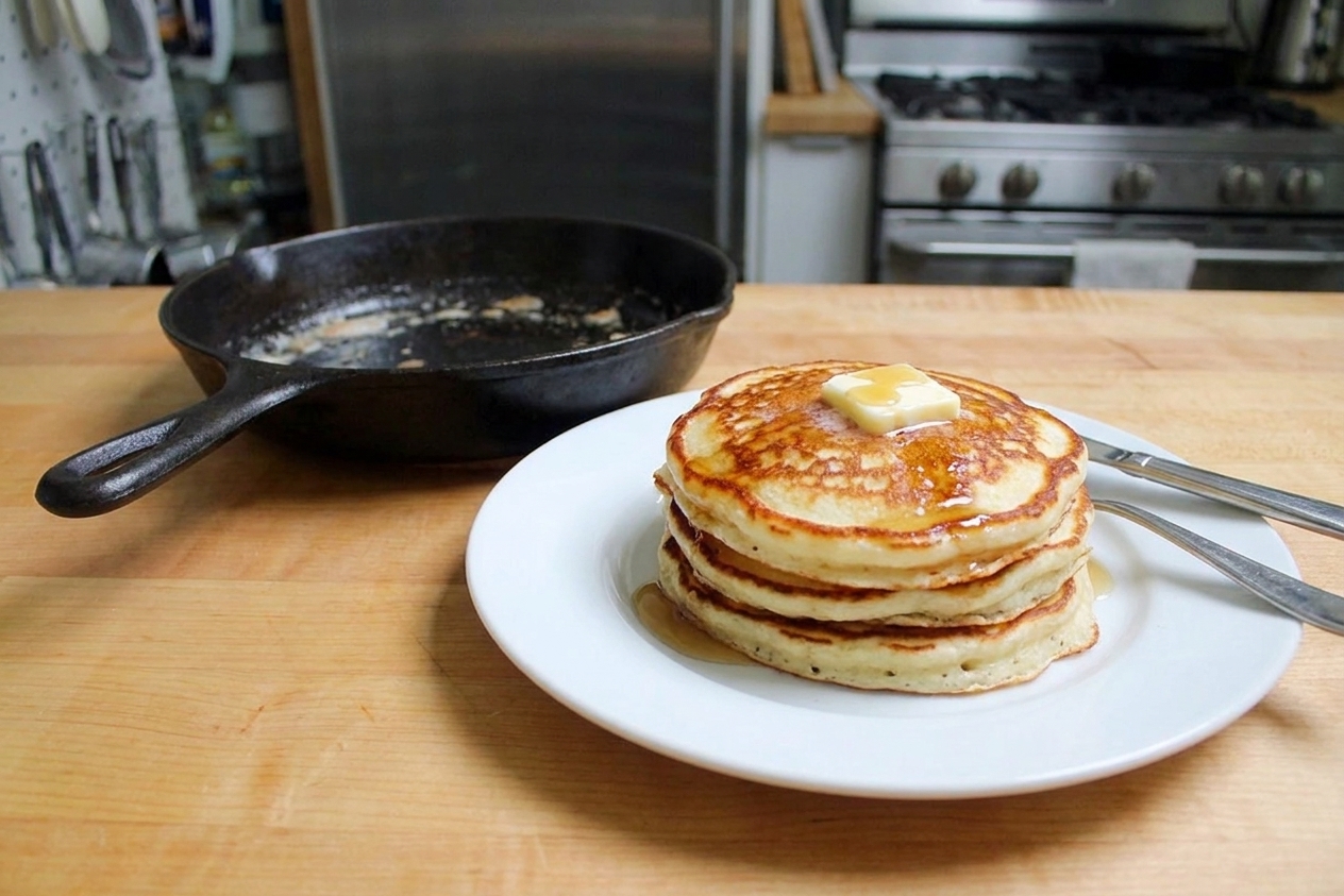 A stack of fluffy buttermilk pancakes with golden crisp edges on a plate beside a cast iron skillet on a warm kitchen counter