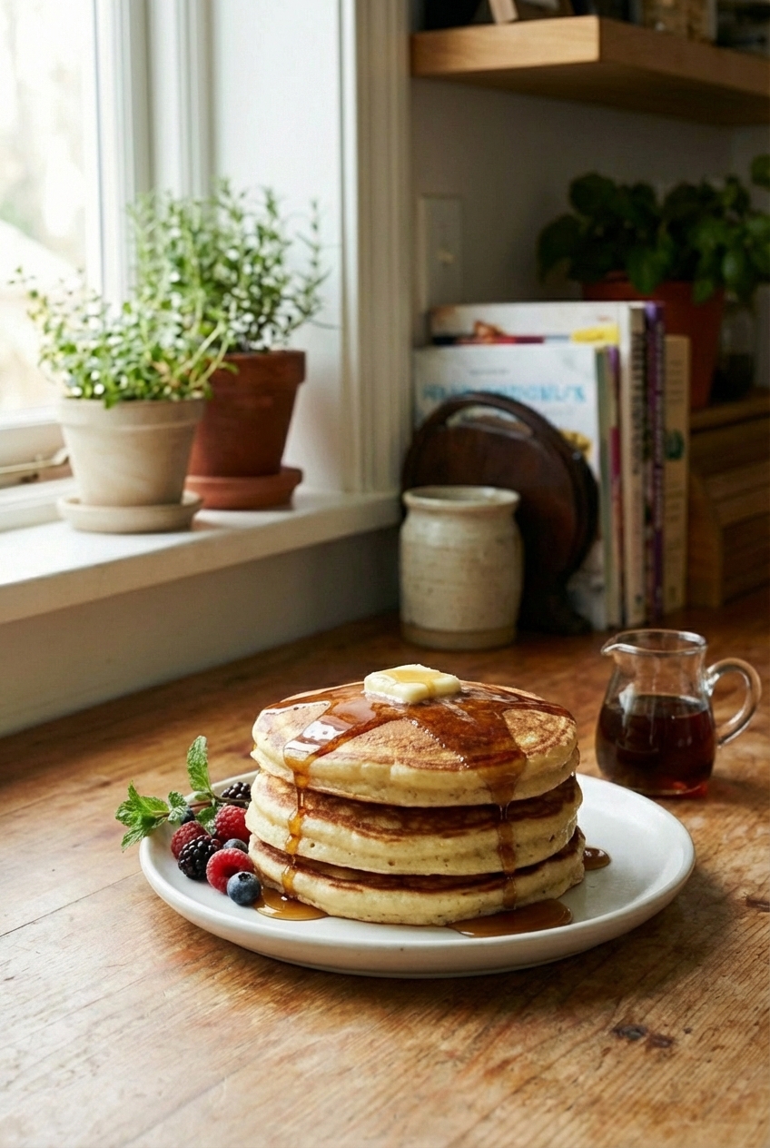 A stack of fluffy buttermilk pancakes with melting butter and maple syrup on a white plate in morning light