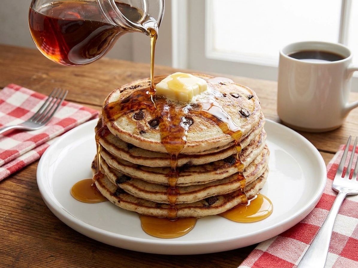 A stack of fluffy chocolate chip pancakes on a white plate with butter melting on top and a drizzle of maple syrup, set on a cozy breakfast table
