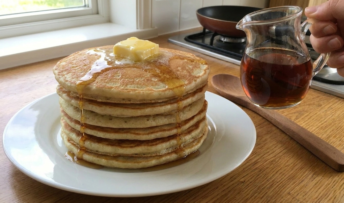 A stack of fluffy eggless pancakes on a ceramic plate with butter melting on top and maple syrup drizzled down the sides on a cozy kitchen table