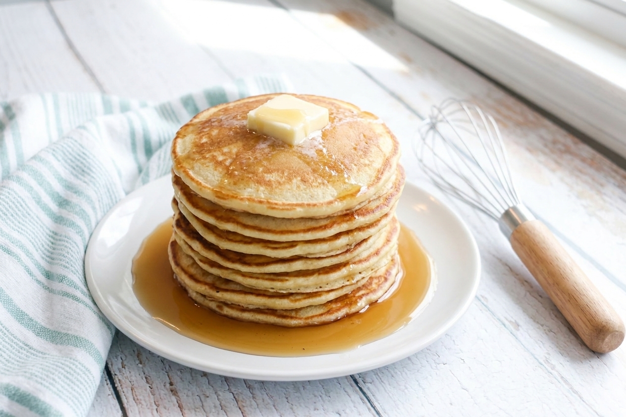 A stack of fluffy gluten-free pancakes on a white plate with butter melting on top and maple syrup pooled on the side, bright morning kitchen light