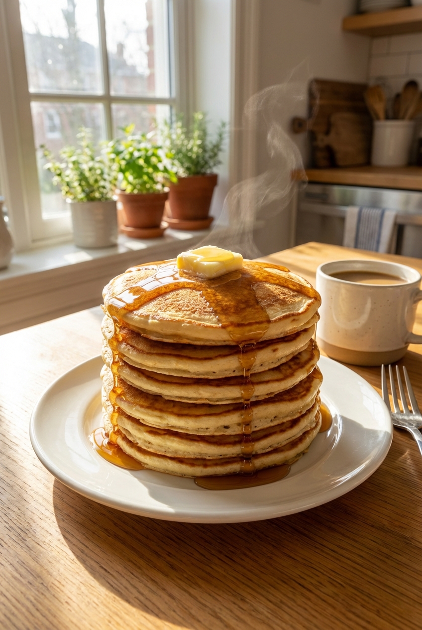 A stack of fluffy golden pancakes on a white plate with melting butter and maple syrup on a sunlit kitchen table