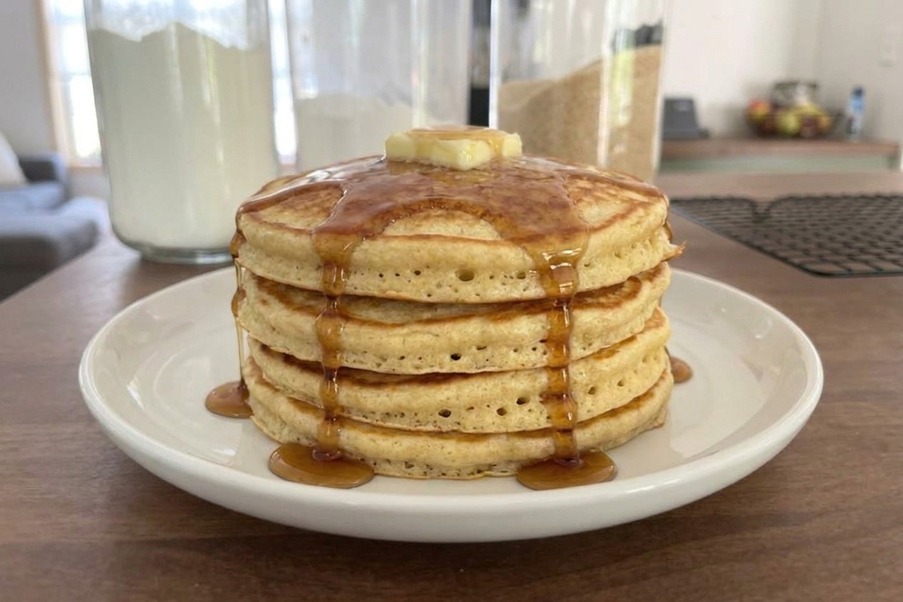 A stack of fluffy golden pancakes on a white plate with butter melting on top and maple syrup drizzled over the sides