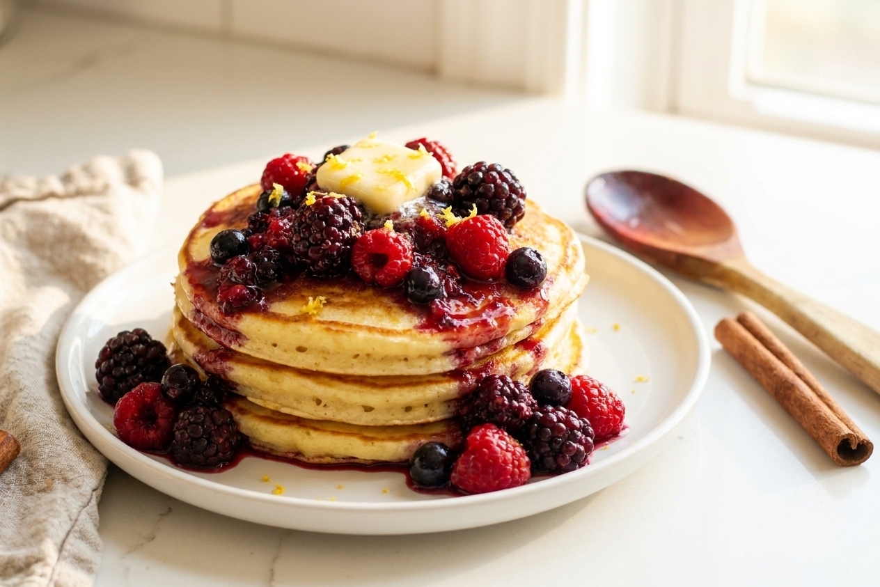 A stack of fluffy lemon ricotta pancakes topped with warm mixed berry compote and a small pat of honey butter on a white plate, bright morning kitchen light