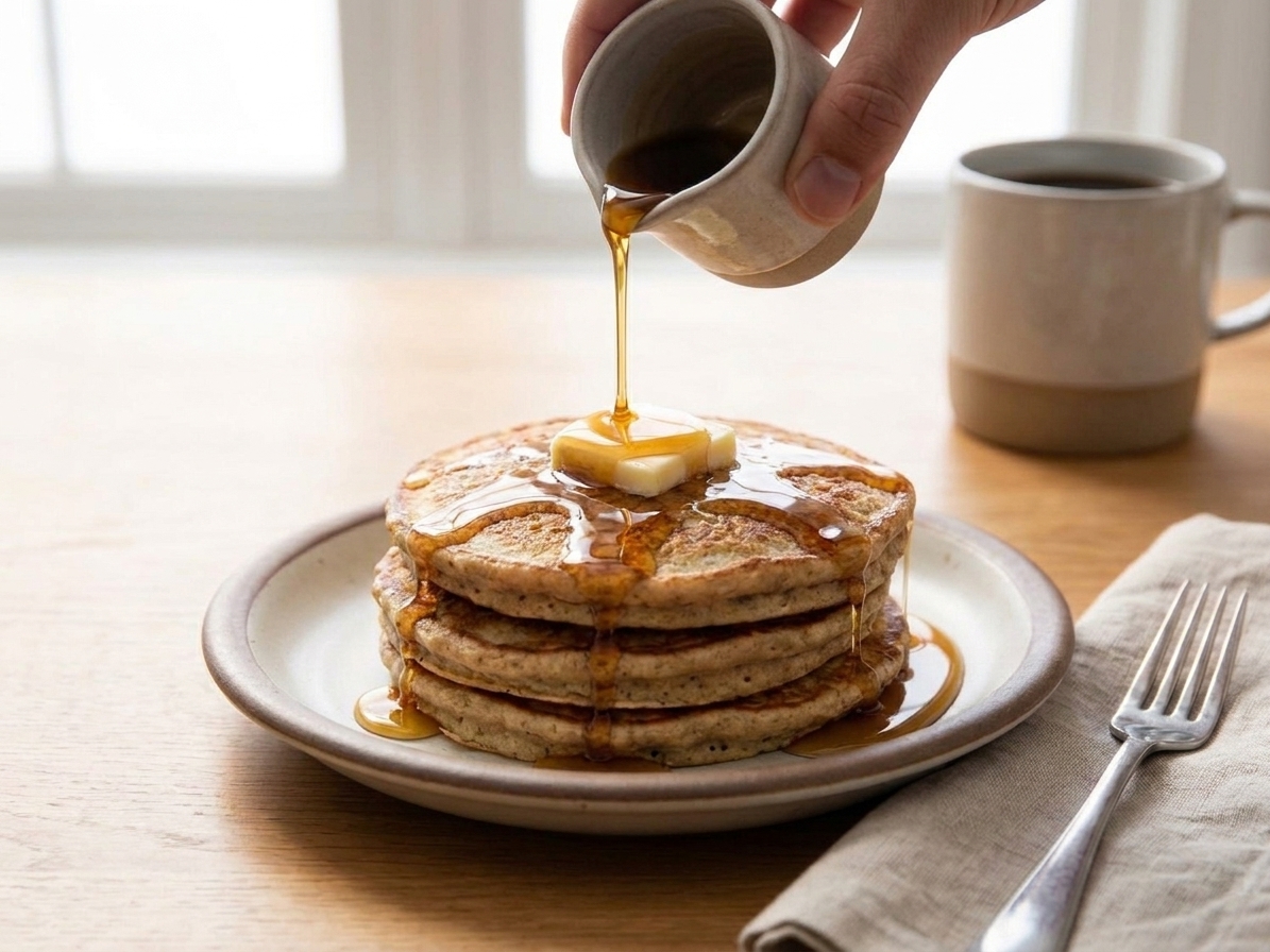 A stack of fluffy oatmeal pancakes on a ceramic plate with a pat of butter melting on top and maple syrup drizzled over the edges on a bright kitchen table