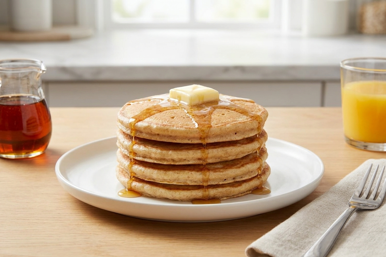 A stack of fluffy pancakes on a white plate with a pat of butter melting on top on a breakfast table