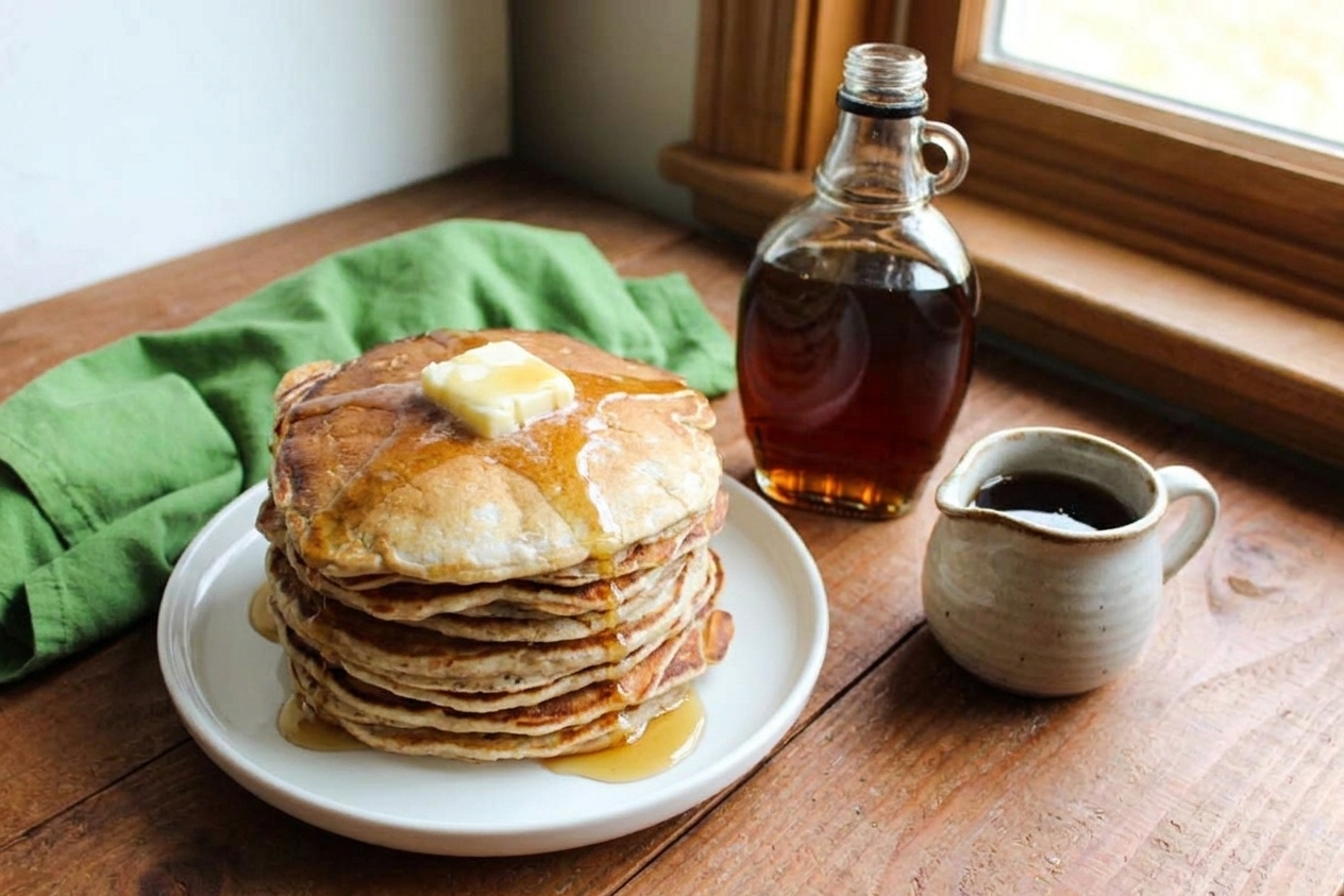 A stack of fluffy pancakes on a white plate with a pat of butter melting on top and maple syrup nearby