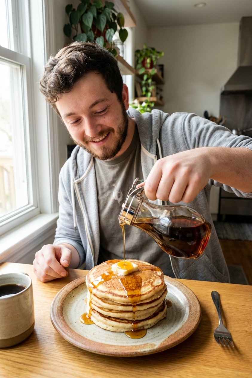 A stack of fluffy sourdough discard pancakes on a ceramic plate with a pat of butter melting on top and maple syrup dripping down the sides, shot in natural morning window light on a wooden table