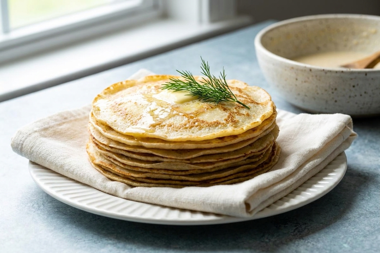 A stack of freshly cooked blini on a plate lined with a clean kitchen towel