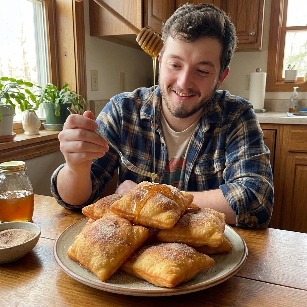 A stack of freshly fried sopapillas on a plate, golden and puffed with crisp edges, dusted in cinnamon sugar with warm honey being drizzled over the top, natural window light food photography