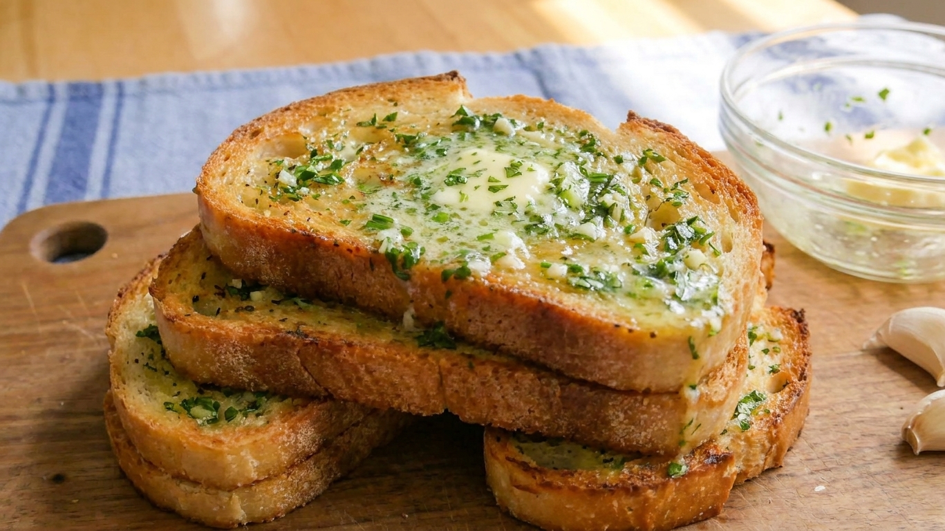 A stack of golden Texas toast slices on a wooden cutting board with melted garlic butter glistening on top, warm kitchen lighting