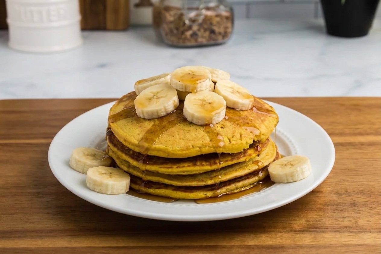 A stack of golden banana pancakes on a white plate with sliced ripe banana and a drizzle of maple syrup on a warm wooden kitchen table