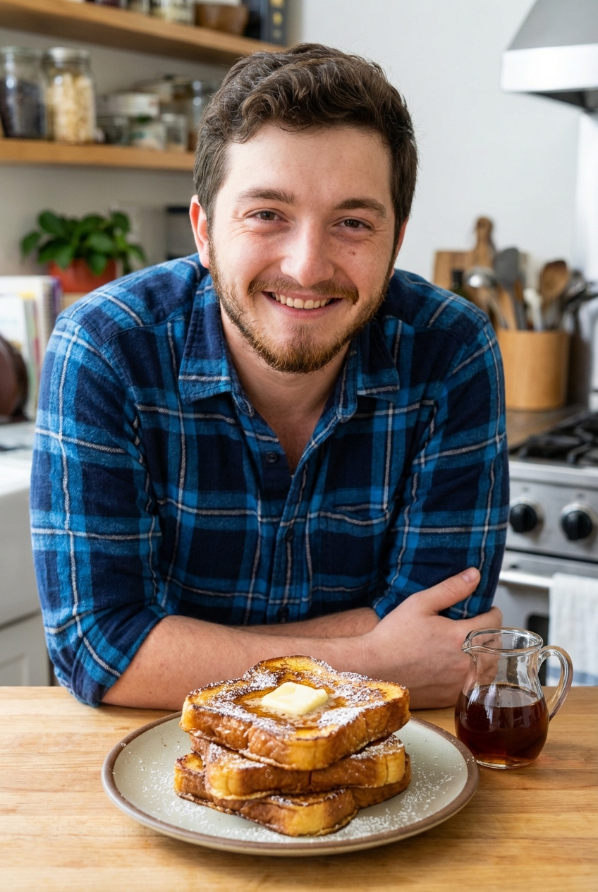 A stack of golden brioche French toast on a plate with butter