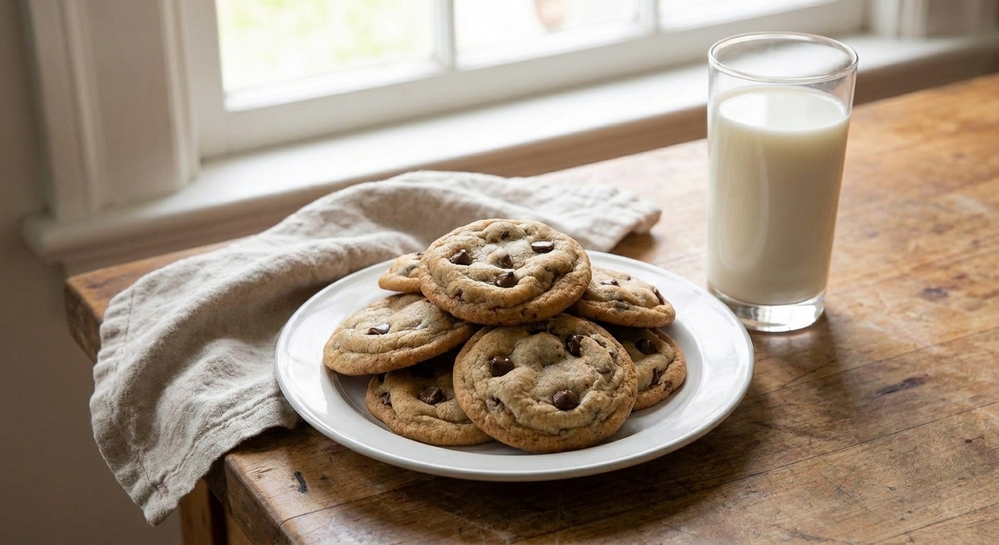 A stack of golden brown chocolate chip cookies on a white plate on a warm kitchen table with a glass of milk nearby