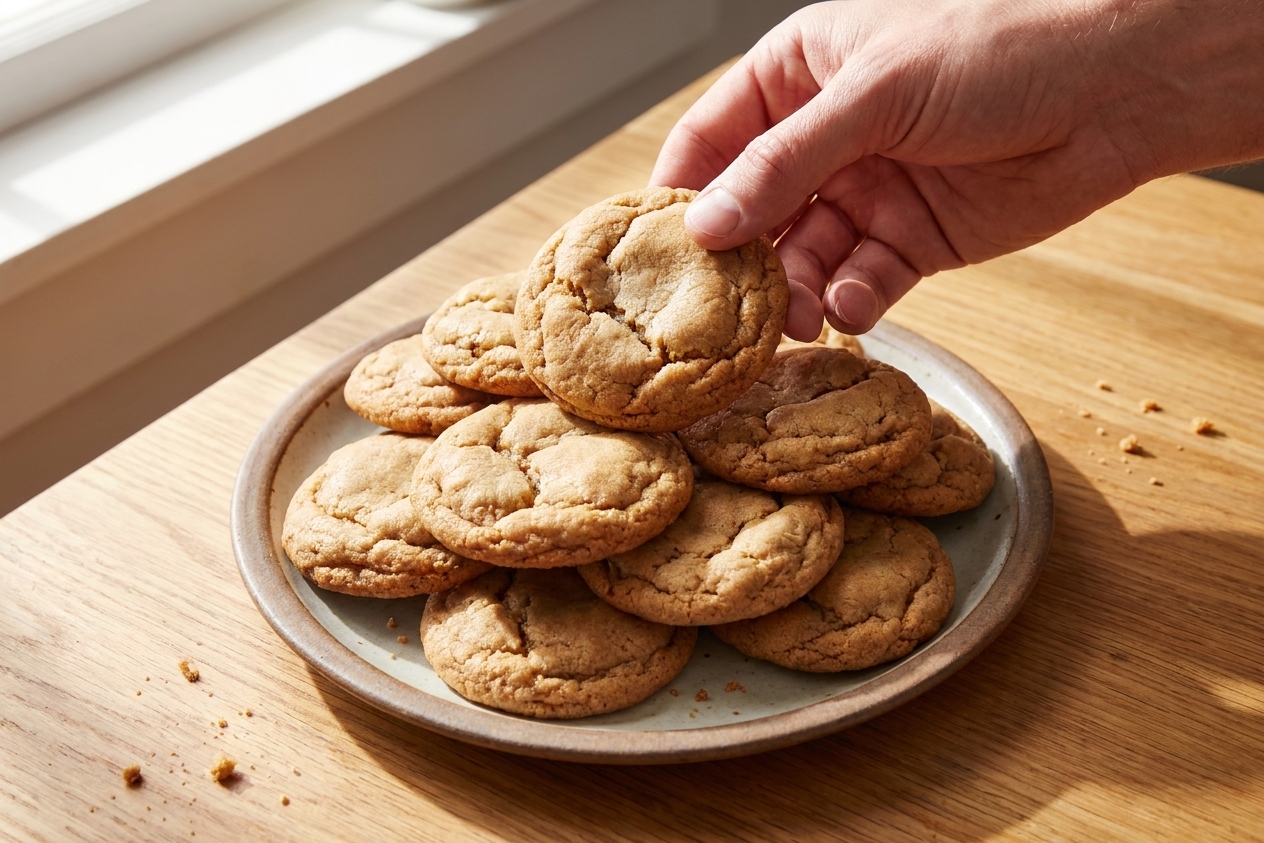 A stack of golden brown chocolate chipless cookies with crisp edges on a ceramic plate on a sunlit kitchen table