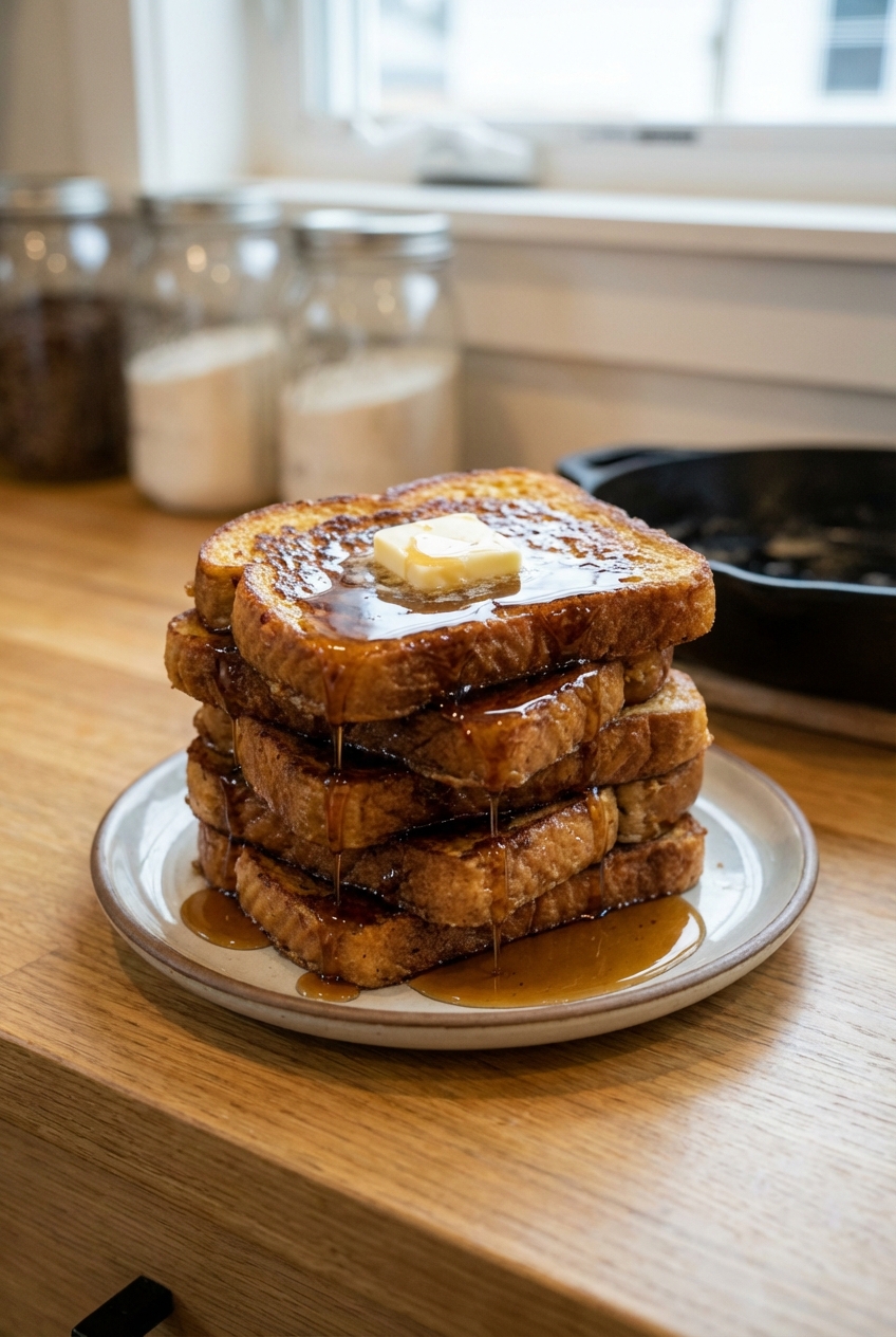 A stack of golden brown cinnamon French toast on a plate with a pat of butter melting on top and maple syrup drizzled over