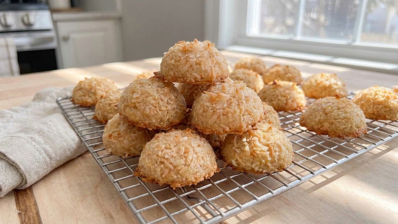 A stack of golden brown coconut cookies with crisp edges and visible toasted coconut flakes cooling on a wire rack on a light kitchen counter