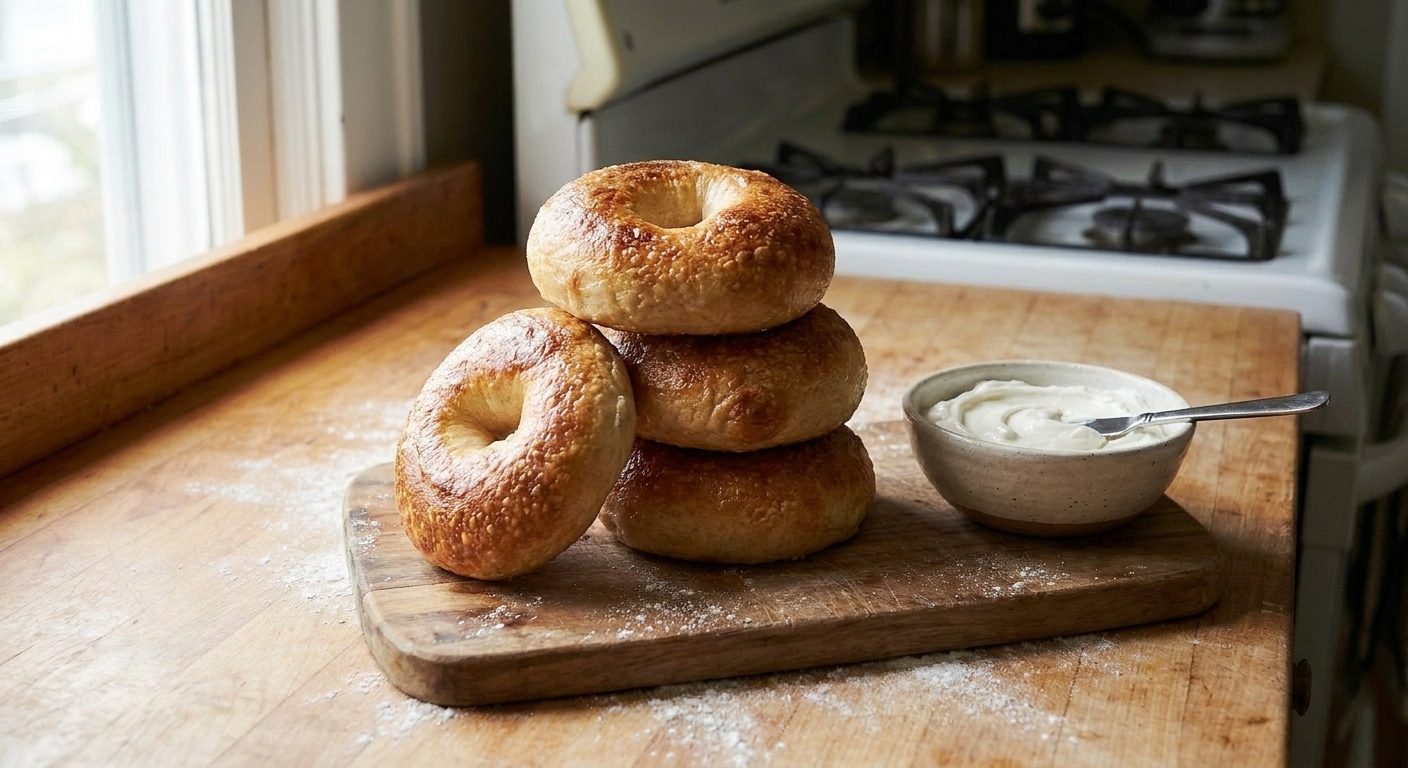 A stack of golden-brown homemade protein bagels on a wooden cutting board with a small bowl of cream cheese nearby on a bright kitchen counter