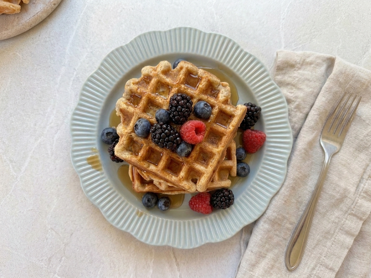 A stack of golden brown vegan waffles on a ceramic plate with maple syrup dripping down the sides, fresh berries scattered around, and a fork on a linen napkin on a bright kitchen table