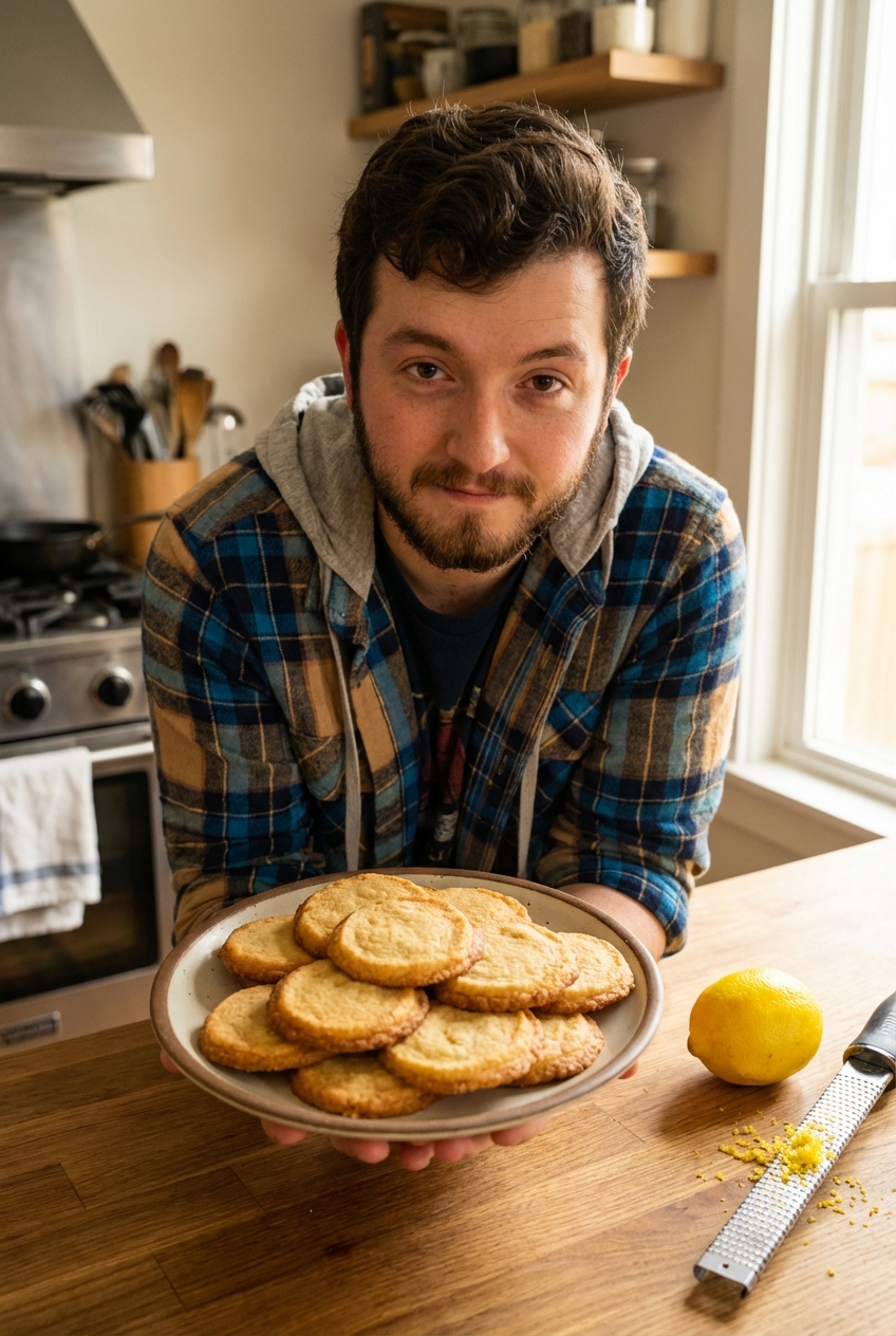 A stack of golden butter cookies with crisp edges on a ceramic plate, with a microplane and a whole lemon in soft window light