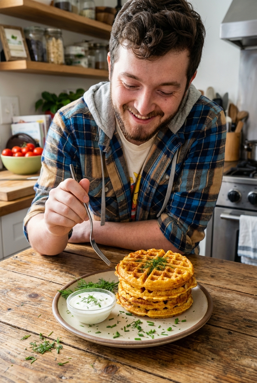 A stack of golden, crispy chaffles on a ceramic plate with a small bowl of yogurt dipping sauce and scattered herbs on a wooden table