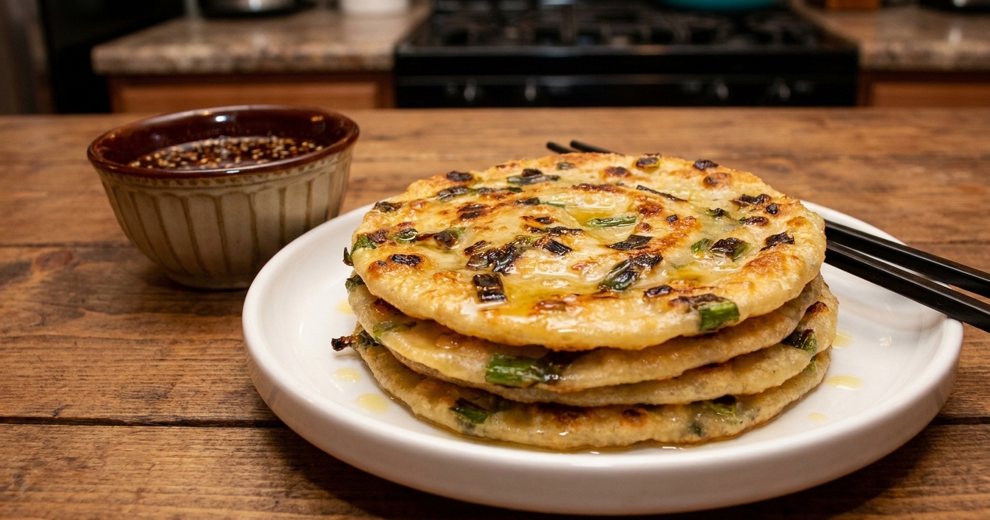 A stack of golden, crispy green onion pancakes on a ceramic plate with a small bowl of soy dipping sauce on a wooden kitchen table