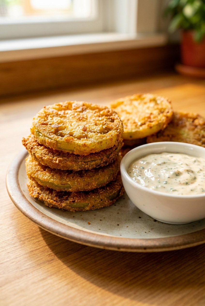 A stack of golden fried green tomato slices on a rustic plate with a small bowl of creamy savory dipping sauce, shot in warm natural light