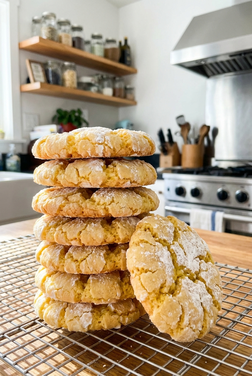A stack of golden lemon cookies cooling on a wire rack in a bright kitchen