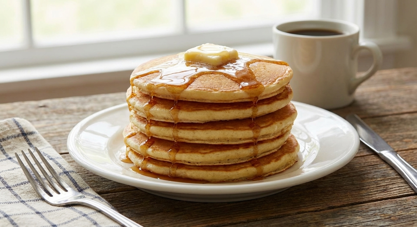 A stack of golden pancakes with butter melting on top on a white plate