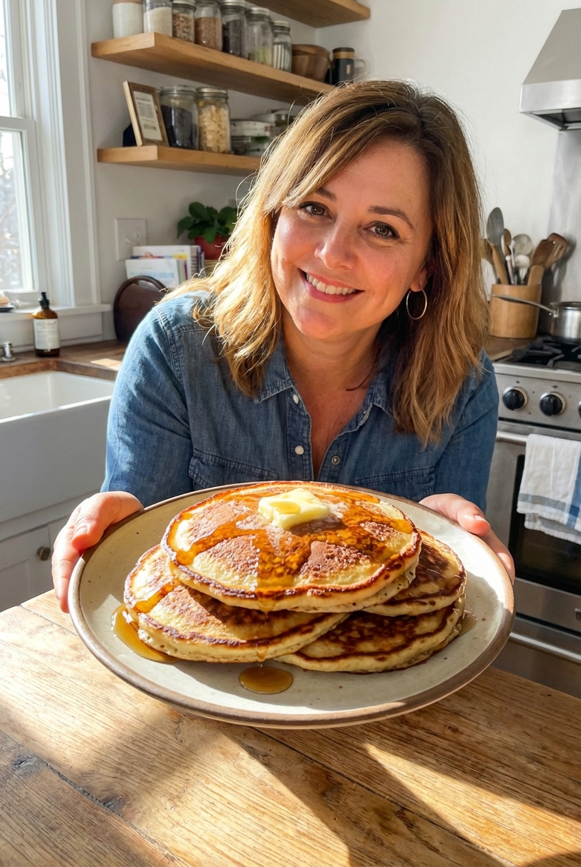 A stack of golden pancakes with crisp edges on a plate, topped with a pat of butter and maple syrup on a sunlit kitchen table