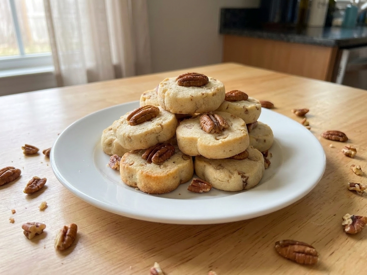 A stack of golden pecan sandies cookies on a white plate on a light kitchen table, with scattered toasted pecan pieces and soft window light