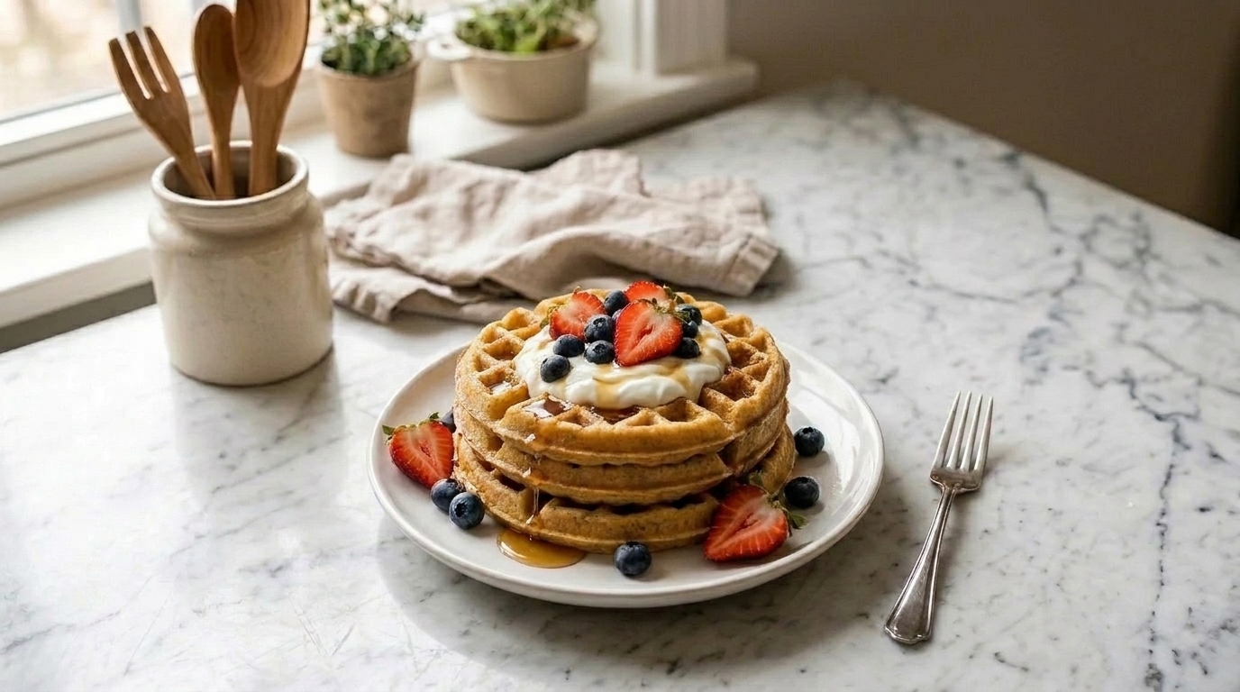 A stack of golden protein waffles with crisp edges on a white plate, topped with a dollop of Greek yogurt and fresh berries on a bright kitchen table