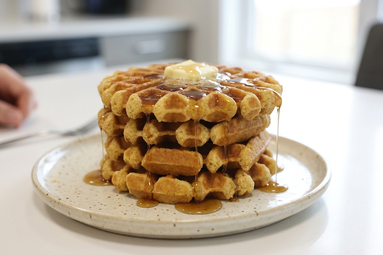 A stack of golden pumpkin waffles on a ceramic plate with a pat of butter melting on top and maple syrup dripping down the sides, set on a bright kitchen table