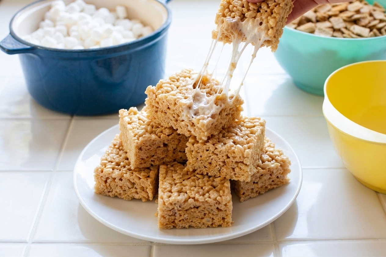 A stack of golden rice crispy bars with a gooey marshmallow pull on a white plate on a bright kitchen counter