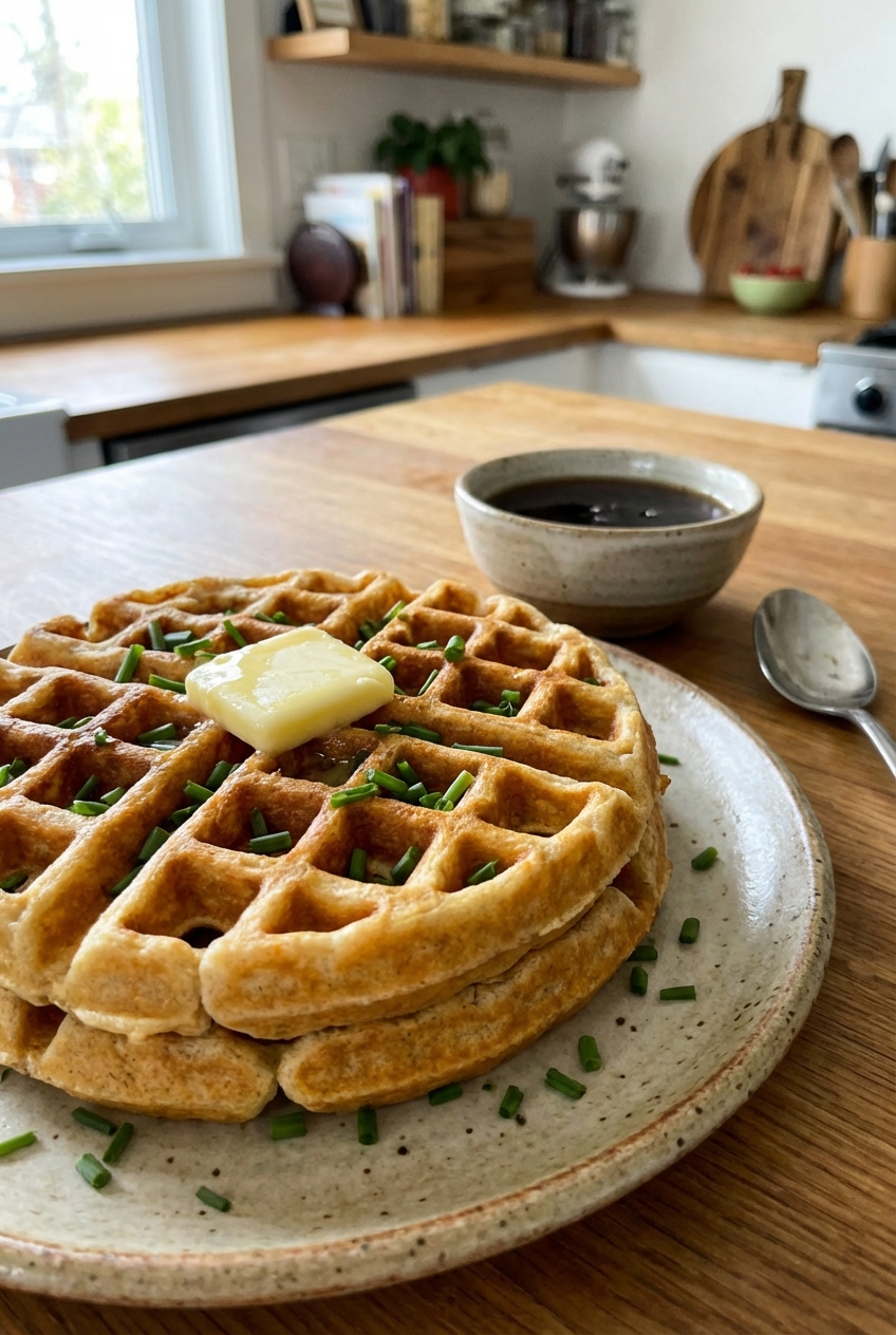 A stack of golden sourdough discard waffles on a plate with a pat of butter melting on top, scattered chives, and a small bowl of smoky maple syrup in the background