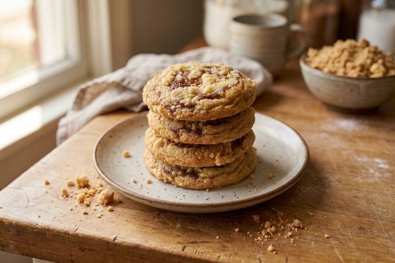 A stack of golden streusel-topped cookies on a simple ceramic plate on a cozy kitchen table