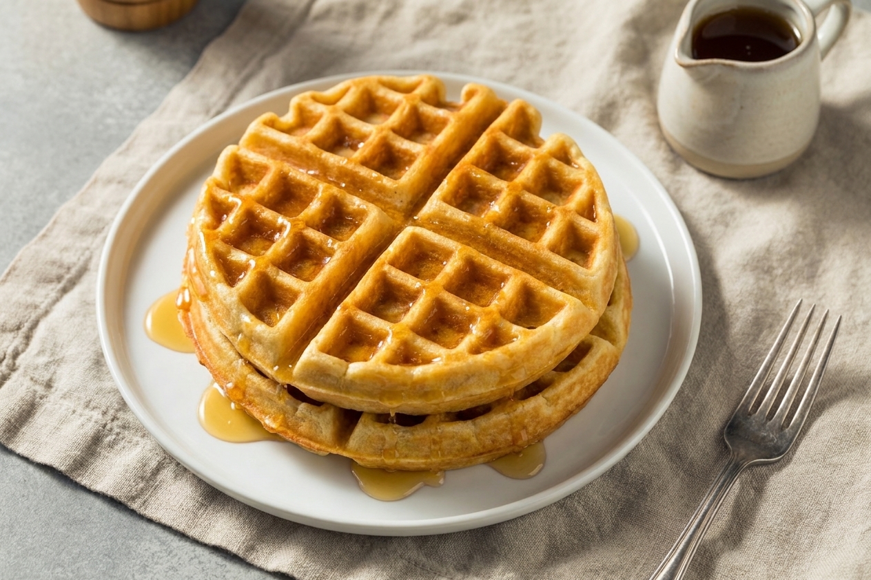 A stack of golden waffles on a white plate with glossy buttermilk syrup dripping down the edges, on a bright kitchen table with a linen napkin and fork