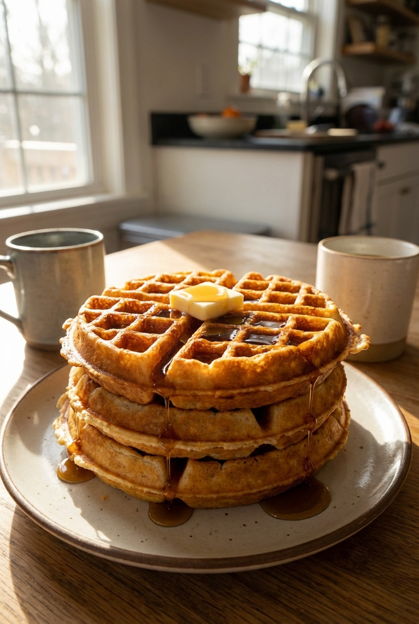 A stack of golden waffles with crisp edges on a plate, topped with a pat of butter and maple syrup in warm morning light